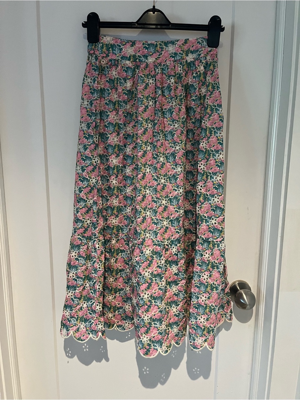 Floral Eyelet-Trim Midi Skirt in Pink & Green